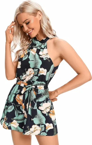 Vista 3 de LYANER Mono corto sin mangas con estampado floral y cuello halter y lazo en la espalda para mujer