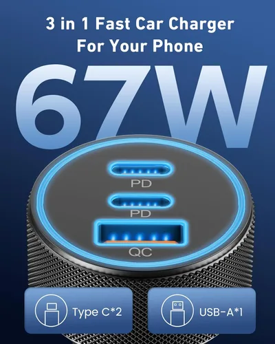 Vista 3 de Cargador de coche USB C, 3 puertos 67 W Dual USB-C y USB-A adaptador de corriente de coche PD/QC de carga rápida para iPhone 17/16/15/14/13/12/11