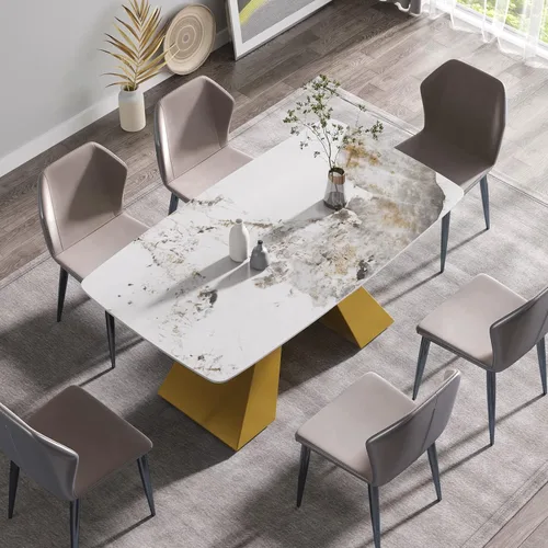 Mesa de comedor moderna de 63 pulgadas, mesa de cocina rectangular con parte superior de piedra de mármol artificial y base de metal dorado, mesa de