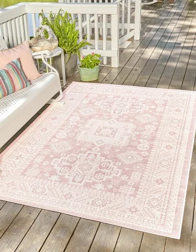 Vista 82 de Unique Loom Outdoor Aztec Collection Alfombra de área - Chalca (10 pies, redonda, azul/marfil)