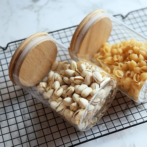 Vista 9 de Paquete de 4 tarros de almacenamiento de vidrio con tapa hermética de bambú, recipientes de cocina de vidrio de 27 onzas, recipiente transparente