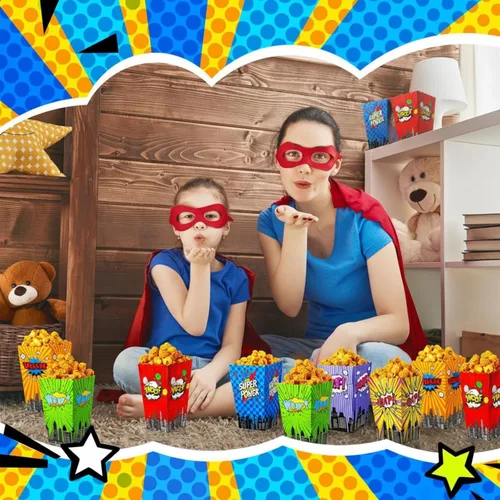 Vista 5 de TaoBary 24 cajas de palomitas de maíz, regalos de fiesta de héroe, suministros de decoración con temática de héroe, caja de golosinas, caja