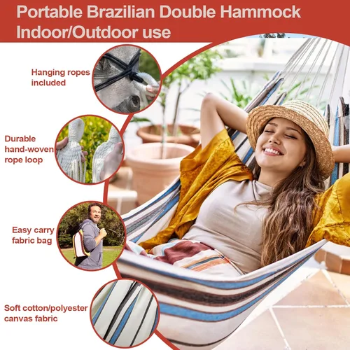 Vista 3 de JoyView Hamaca brasileña para una sola persona, hamaca portátil con cuerdas para colgar y bolsa de transporte, grande de 78.8 x 39.4 pulgadas