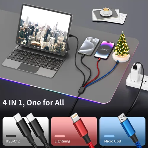 Vista 3 de Paquete de 2 cables de carga múltiple dual tipo C 4 en 1 de 6 pies para múltiples dispositivos con 2 puertos USB-C/IP/micro, cable USB de carga
