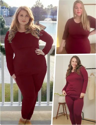 Vista 2 de FOREYOND Ropa interior térmica de talla grande para mujer, conjunto de pantalones largos con forro polar y capa base de pijama, parte superior e
