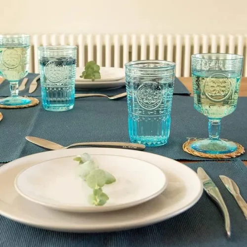 Vista 3 de Bormioli Rocco Romántico juego de 6 vasos enfriadores, 16 onzas, cristal de color, azul claro, fabricado en Italia.