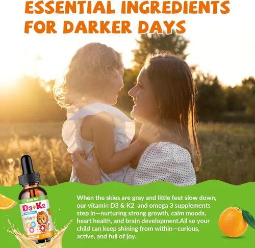 Vista 6 de Gotas de vitamina D3 K2 para niños, suplemento de vitamina K2 D3 de 1000 UI con Omega 3, ayuda a los huesos, el estado de ánimo, los dientes