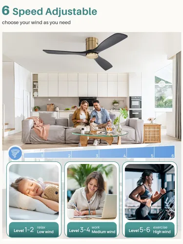 Vista 5 de Sofucor Ventilador de Techo de Madera Maciza de 52 Pulgadas Sin Luces Montaje al Ras Ventiladores de Techo con Control Remoto-Aspas de Madera