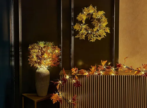 Vista 5 de LITBLOOM - Guirnalda iluminada de otoño de 6 pies con temporizador, 24 LEDs blancos cálidos, vid de hojas de arce con luces que funciona
