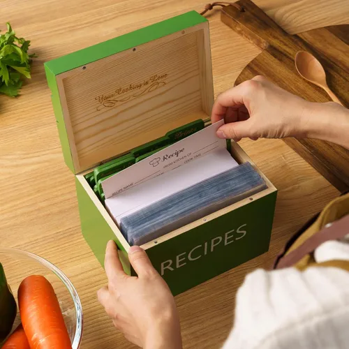 Vista 4 de Caja de recetas de madera con tarjetas y separadores de madera, tapa con soporte para teléfono y soporte para tarjetas de recetas, 100 tarjetas