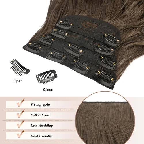 Vista 4 de FESHFEN Extensiones de cabello con clip, 4 piezas de cabello grueso con reflejos, extensiones de cabello sintético largo ondulado con clip