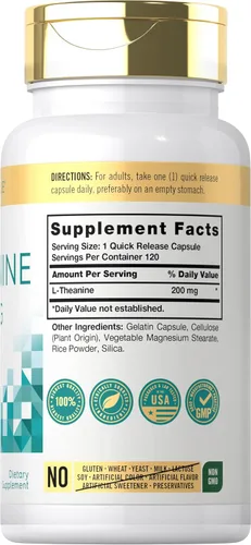 Vista 2 de Carlyle Suplemento de L-teanina de 200 mg 120 cápsulas Sin OMG, sin gluten