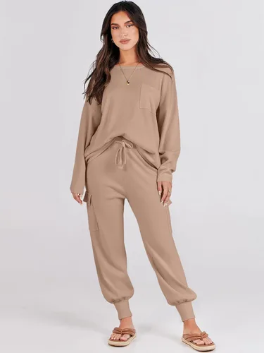 Vista 5 de Caracilia Conjunto de dos piezas para mujer, suéter de punto de manga larga y pantalones deportivos tipo cargo