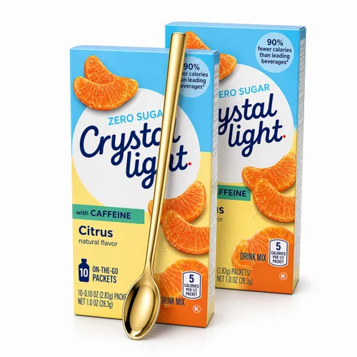 Vista 8 de Mezcla de bebida Crystal Light para llevar - Paquete de dos (2) de 10 sobres - Refresco sin azúcar y bajo en calorías con una cuchara larga dorada