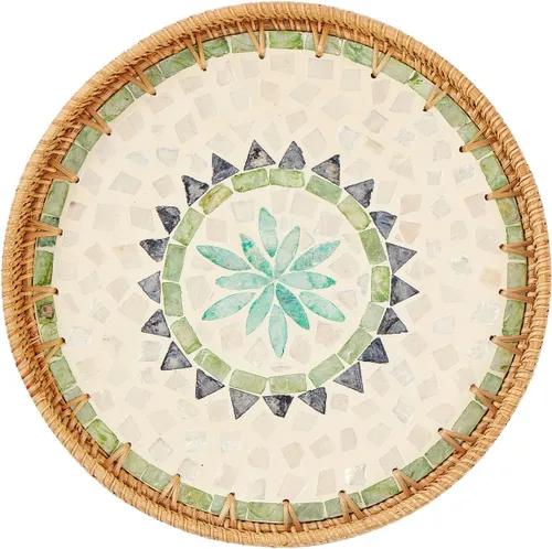 Vista 7 de Kmelep Bandeja redonda de ratán con incrustaciones de madreperla, bandeja de ratán con base de madera, cesta decorativa de mimbre para decoración