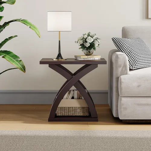 Vista 3 de ChooChoo End Side Table, Modern End Table with Storage Shelf, X-Design Side Table Living Room(Espresso)