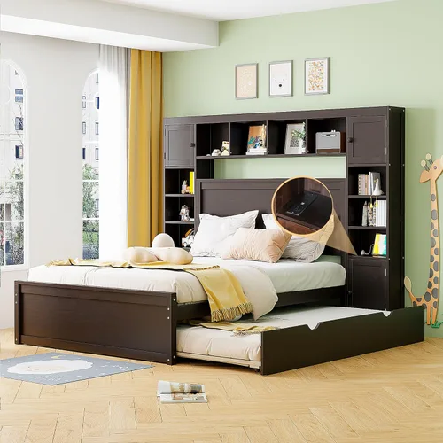 Versátil cama de plataforma de madera tamaño Queen con armario y nido todo en uno, estante y enchufes, para niños, adolescentes y adultos, uso en el