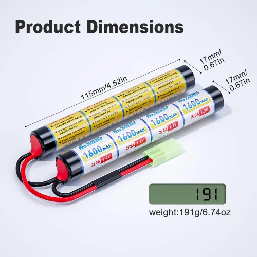 Vista 4 de Zeee Batería de Airsoft de 9.6 V 1600 mAh NiMH con mini enchufe Tamiya Batería RC de alta potencia para pistolas de Airsoft (paquete de 2)