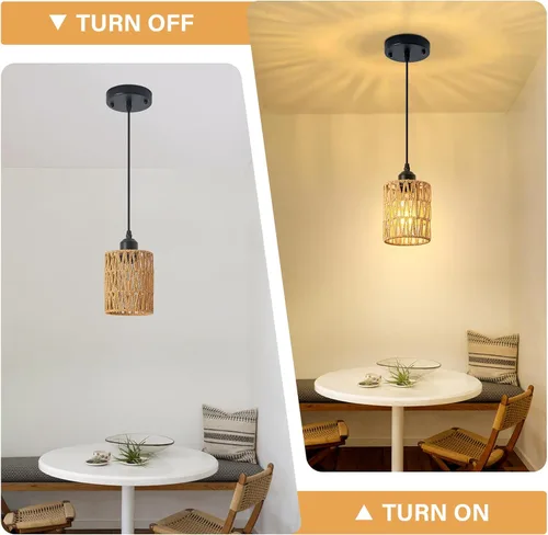 Vista 4 de Lámpara Colgante de Ratán Boho para Isla de Cocina, Candelabros de Granja de Altura Ajustable Lámpara Colgante para Comedor, Luminarias de Luces