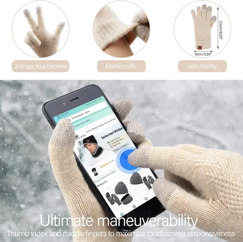 Vista 3 de Conjunto de gorro de punto cálido para mujer, bufanda larga, guantes para pantalla táctil, con forro polar, gorro de calavera con pompones, regalos