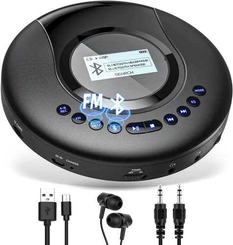 ARAFUNA Reproductor de CD portátil Bluetooth con radio FM, reproductor de CD recargable de 2000 mAh para coche con pantalla LCD, reproductor