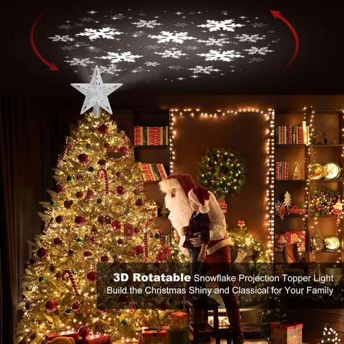 Vista 3 de Decoración para árbol de Navidad iluminada con 6 modos de proyección de patrones, estrella de Navidad, luces giratorias LED integradas, proyector