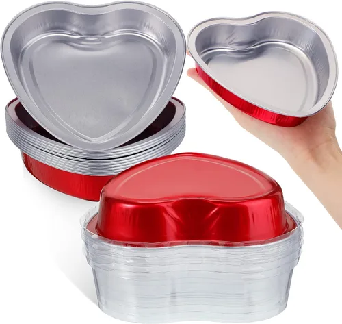 Vista 8 de Nuogo Moldes de papel de aluminio de 5 pulgadas con forma de corazón para pasteles con tapas transparentes de 7.6 fl oz/7.92 onzas, molde desechable