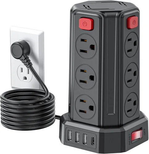 Vista 13 de Regleta de alimentación con protector contra sobretensiones, cable de extensión de 10 pies con 12 tomacorrientes múltiples de CA y 4 USB (1 USB C)