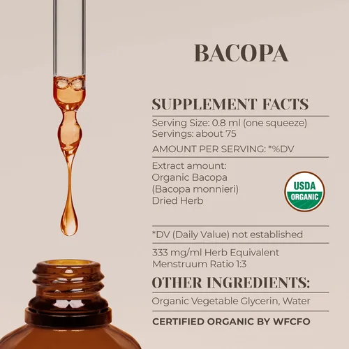 Vista 3 de Bacopa USDA Organic Extracto sin alcohol, gotas de hierbas orgánicas, suplemento, relajación, efecto cognitivo positivo Tintura hecha de Bacopa