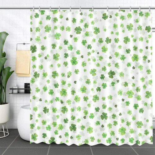 MEHOFOND Cortina de ducha del día de San Patricio, trébol irlandés, decoración de baño, tela verde, impermeable, juego de cortina de baño con