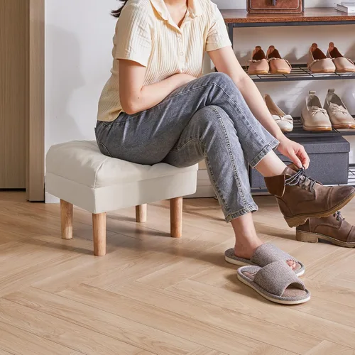 Vista 4 de YMYNY Taburete pequeño de 15.75 pulgadas, reposapiés con asiento acolchado suave de esponja, taburete de tela de mezcla de algodón y lino para sofá