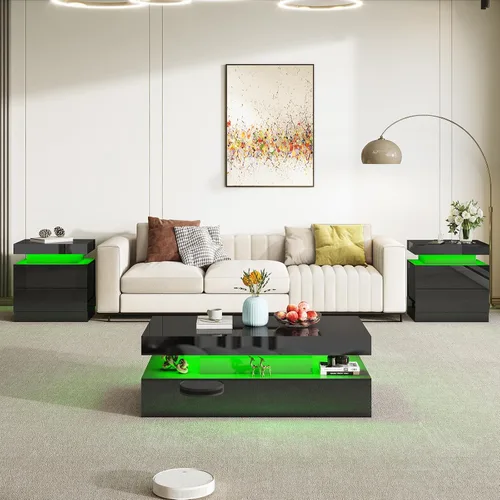 Vista 8 de AMERLIFE Juego de mesa de sala de estar de 3 piezas de alto brillo, modernos juegos de mesa de centro LED de 3, mesa central de 2 niveles con 2 Negro