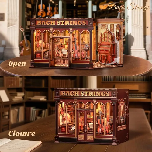 Vista 3 de Fsolis Kit de rincón de libros, kit de casa de muñecas en miniatura para adultos, estantería, rompecabezas 3D, libro de música, casa pequeña