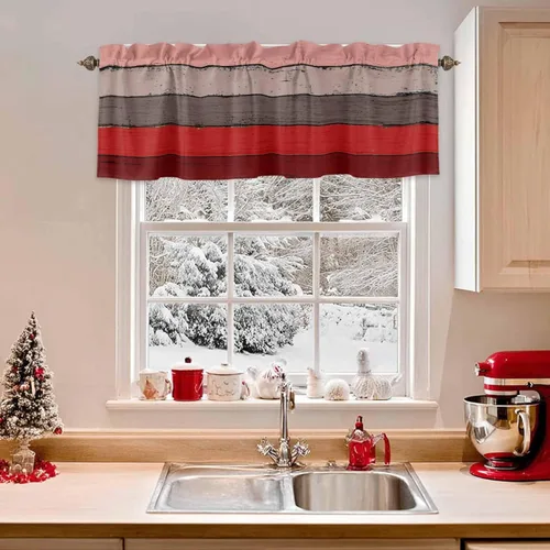 Vista 19 de Cenefa de cenefa retro rústica, antigua granja, madera de granero, rojo y marrón, cenefa de ventana para sala de estar, dormitorio, cenefa corta