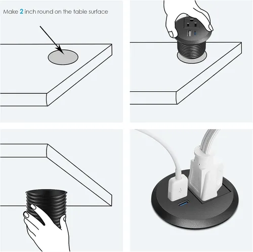Vista 7 de Ojal de alimentación de escritorio, 2 pulgadas, estación de carga rápida USB C PD de 20 W, salida de alimentación empotrada con orificio