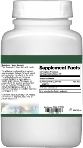 Vista 3 de Raíz de Bardana (Orgánica Certificada) - 450 mg (100 Cápsulas, ZIN: 517584)