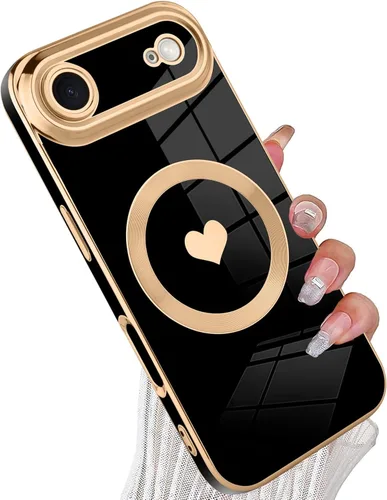 Vista 27 de tharlet Funda Magnética para iPhone 11 [Compatible con Magsafe] Lindo Corazón de Amor de Lujo Chapado Borde Dorado Parachoques con Lente de Cámara