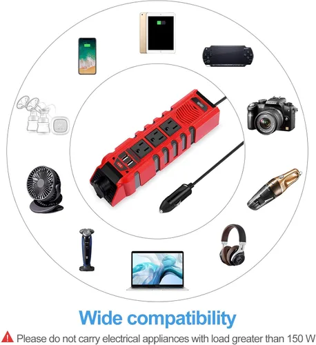 Vista 3 de Inversor de corriente para automóvil de 150 W, convertidor de CC de 12 V a 110 V CA con 3 salidas de CA, 2 cargadores rápidos, 4.8 A, puertos USB