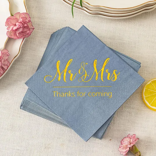 Vista 5 de Crisky Servilletas de boda color azul polvoriento, Mr & Mrs - Servilletas de postre doradas para cóctel, decoración de fiesta de compromiso