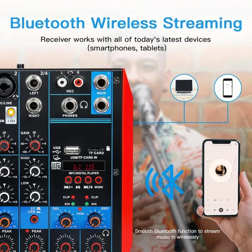Vista 2 de Mezclador de audio de 4 canales, mini consola portátil de placa de sonido con interfaz de audio USB de 48 V Phantom Power Bluetooth USB MP3 DJ Mixer