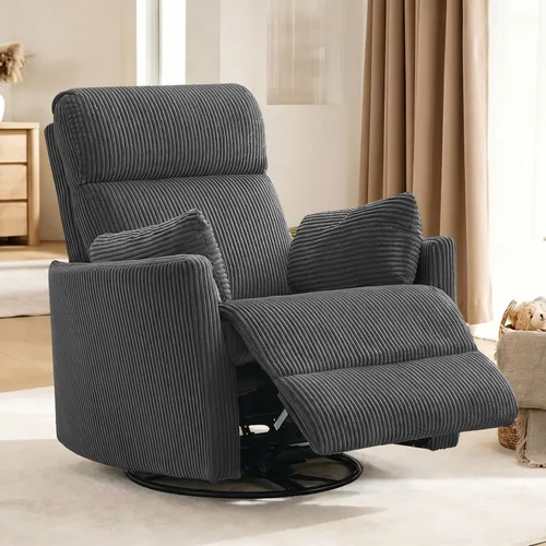 BOSMILLER Silla reclinable giratoria de 360°, silla de guardería con 2 almohadas, silla mecedora con tela de pana suave para sala de estar Gris