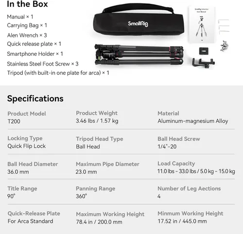 Vista 9 de SmallRig CT-20 Trípode para cámara, trípode y monopie plegable de aluminio de 78.7 pulgadas, cabezal de bola de 360 desmontable y placa