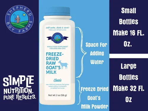 Vista 2 de Shepherd Boy Farms Leche de Cabra Cruda Liofilizada con Probióticos para Perros y Gatos (Clásico), Leche de Cabra Alta en Proteínas y Digestible