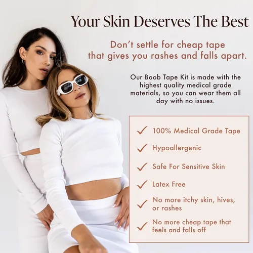Vista 9 de Bare Babe Boob Tape for Breast Lift, Hypoallergenic Adhesive Tape with 10 Satin Nipple Covers, Strapless Bra, 2 in