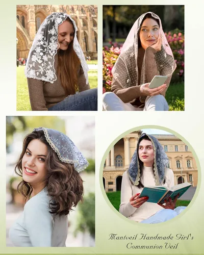 Vista 7 de Mantveil Velo católico de Mantilla de la Iglesia Capilla con forma de triángulo, cubierta de cabeza de encaje, velo de oración de misa española