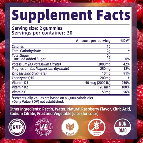 Vista 3 de Gomitas de citrato de potasio de 2000 mg, gomitas de electrolitos de alta potencia, suplemento de potasio con glicinato de magnesio, zinc, vitamina
