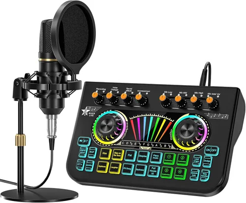 Vista 14 de Paquete de micrófono para podcast con mezclador de audio de tarjeta de sonido en vivo, paquete de equipo de podcast con dos micrófonos