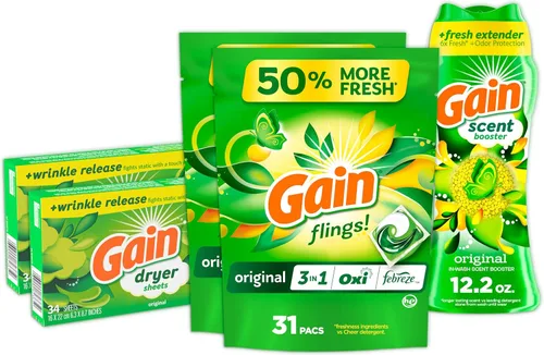 Gain Paquete de lavandería: paquetes de detergente para ropa Gain Flings (2 x 35 quilates), hojas de secadora (2 x 34 ct), perlas de refuerzo de