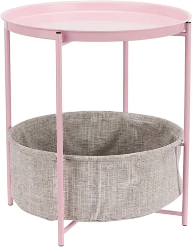 Vista 8 de Amazon Basics Mesa auxiliar redonda de almacenamiento, mesa auxiliar con cesta de tela, blanco/gris jaspeado, 17.7 pulgadas de largo x 17.7 pulgadas