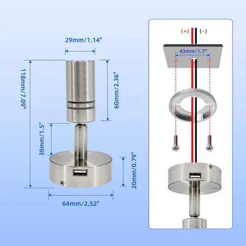 Vista 5 de THALASSA Lámpara de lectura LED interior de RV de 12V con puerto USB de 5V - Interruptor táctil integrado, brillo regulable, montaje en superficie